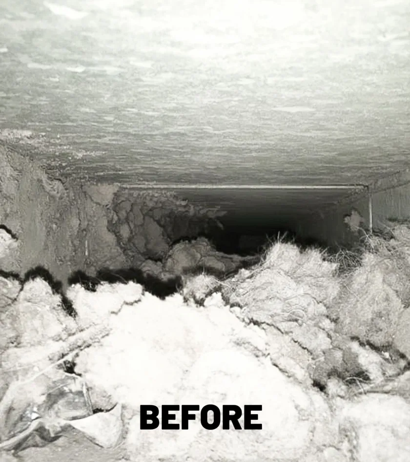Duct interior coated in dust before cleaning